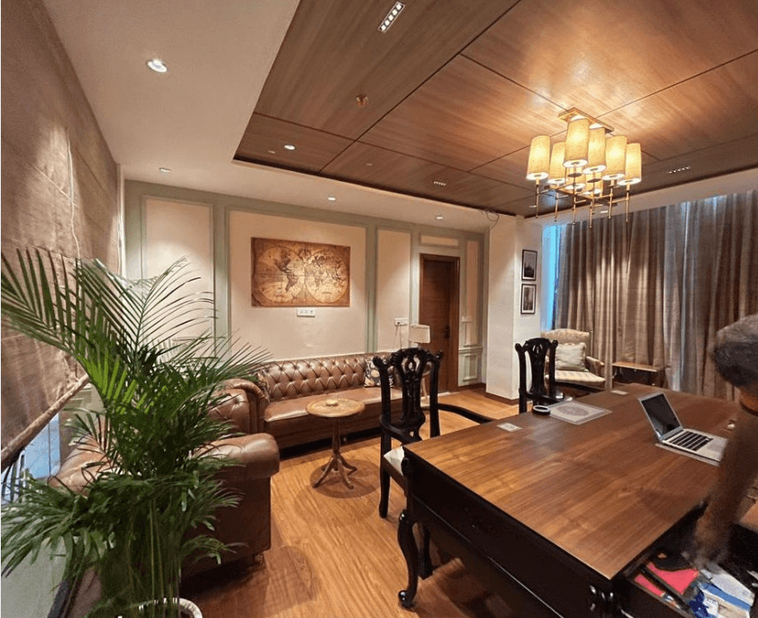 Boutique hotel lobby with warm lighting